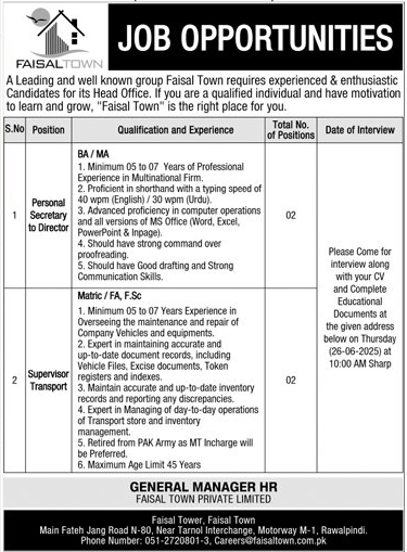 Director & Supervisor Jobs in Faisal Town Rawalpindi